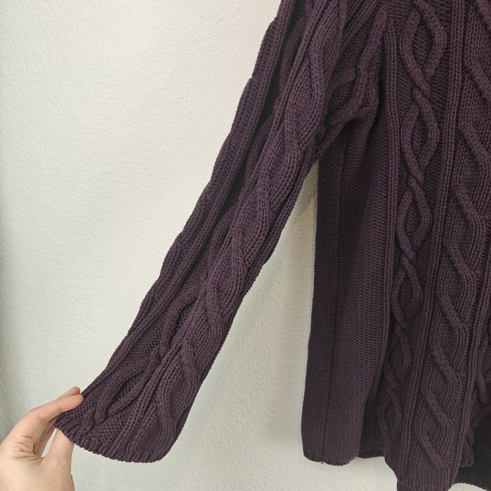 Bryn Walker Cotton Turtleneck Chunky Cable Knit Sweater In Eggplant Purple Sz LG - Picture 4 of 11
